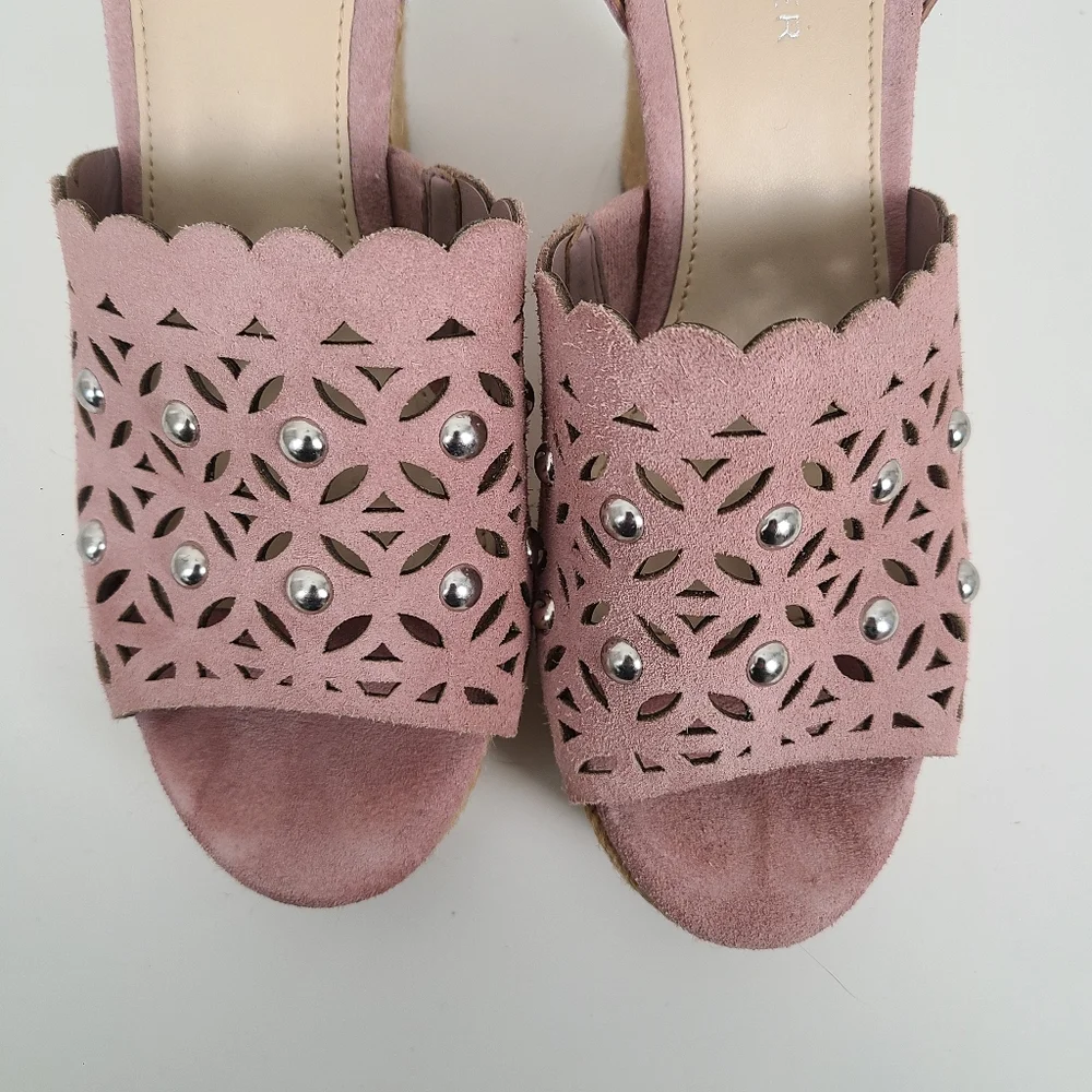 Marc Fisher Hata Nude Blush Pink Woven Wedge Eyelet Metal Dots Platform Heel 7.5
